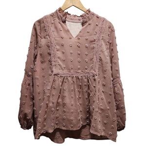 Boutique mauve pink blouse princess babydoll textured dot medium